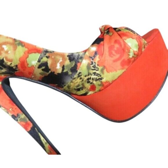 Qupid Penelope Orange Multi Suede Leather Peep Toe Platform Heels Stilettos - Picture 8 of 15